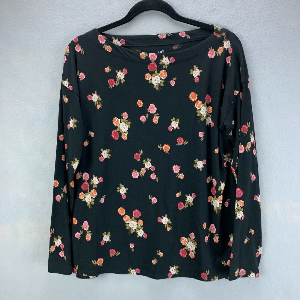 J‎ Jill Top Womens Small Petite Black Floral Pullover Tee Supima Cotton Stretchy